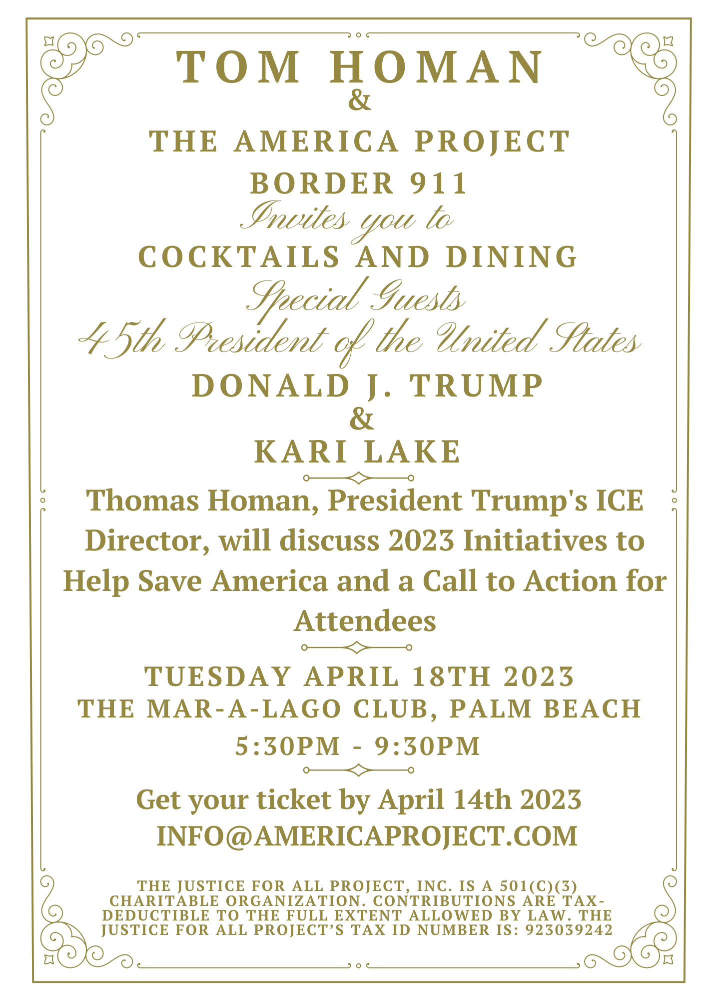 BORDER SECURITY: Tom Homan & The America Project Presents: Cocktails and Dining w/ Special Guest Donald J. Trump